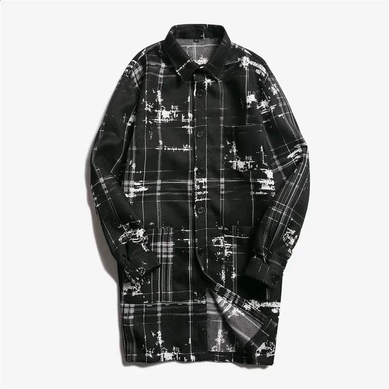 Mens Cotton Linen Color Blocking Long Coat Trendy Button Jackets Turn-down Collar Plaid Jacket Black and White Thin Trench 240822