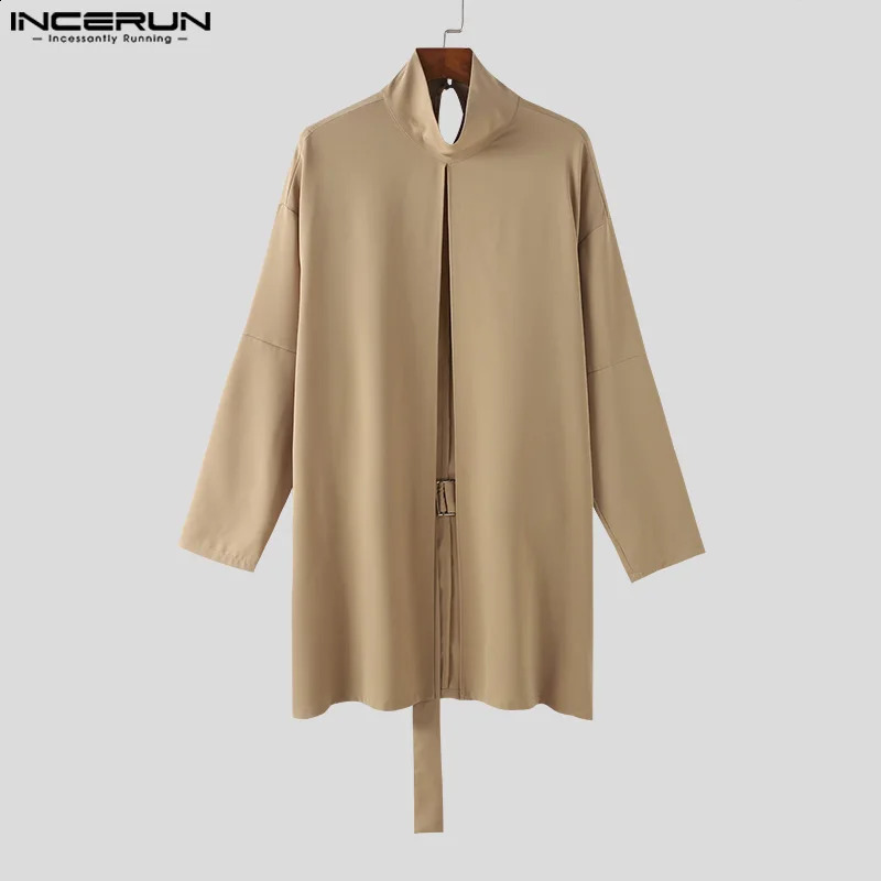 INCERUN Men Cloak Coats Turtleneck Long Sleeve Streetwear Casual Trench Loose Solid Color Open Stitch Fashion Male Ponchos 240822