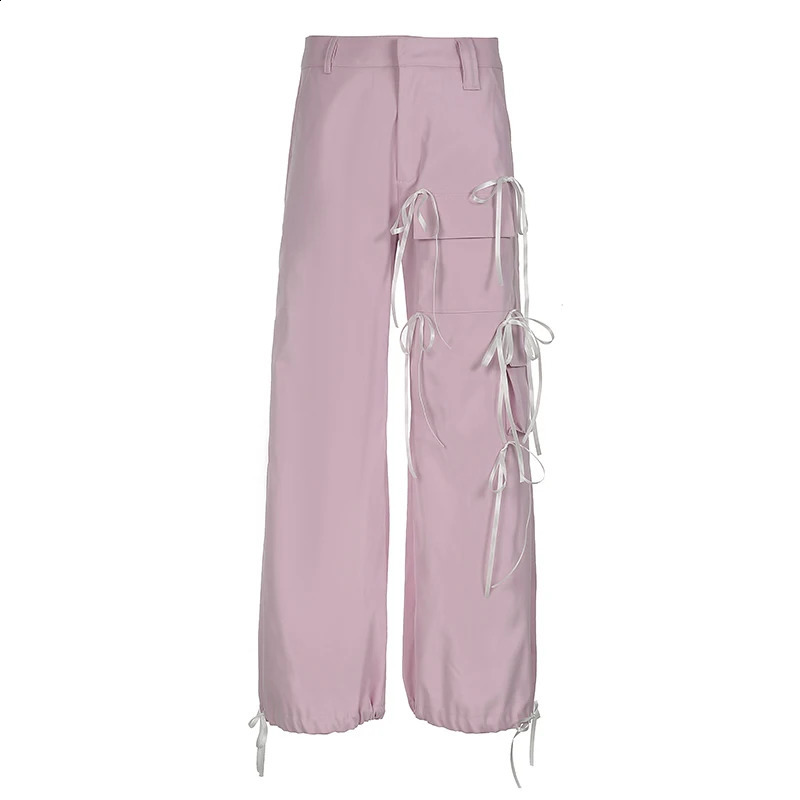 IAMTY Y2K Multi Bandage Bow Cargo Pants Pink Big Pockets Wide Leg Sweatpants Casual Basic Loose Jogging Trousers Cute Street 240821