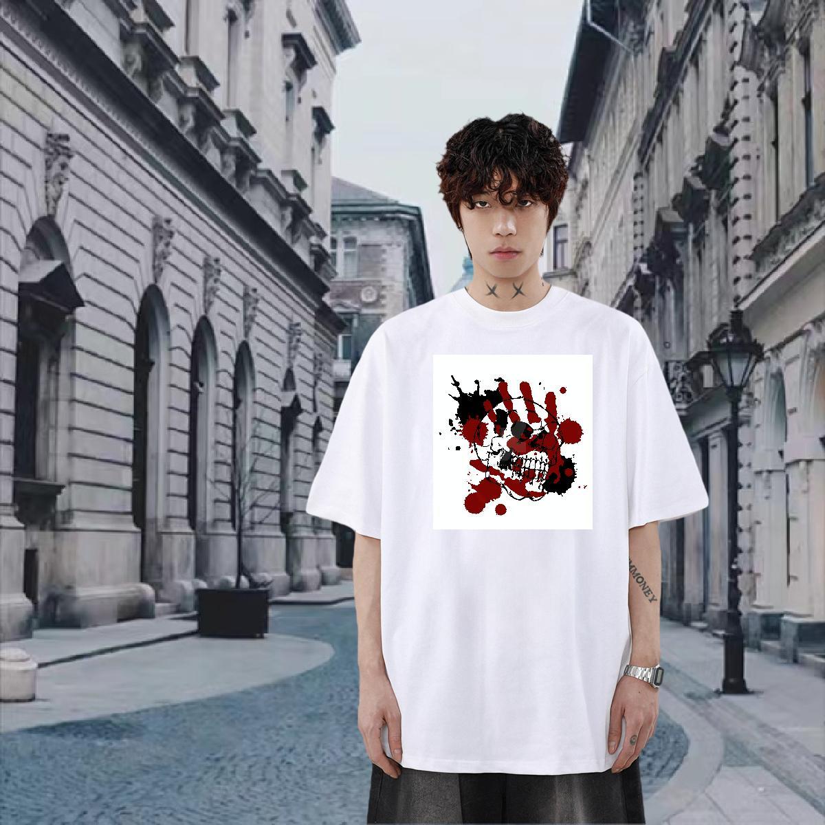 DIY Street wear Hip Hop Couples T Shirts skull Round Neck Short Sleeve 230g Pure Cotton Mens T Shirts Brand Plus Size Cartoon Tee Shirt