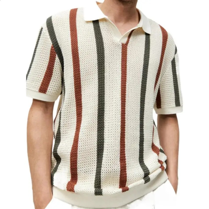Mens Knitted Sweater Collar Korean Clothing Short Sleeve Summer Jumper 240821