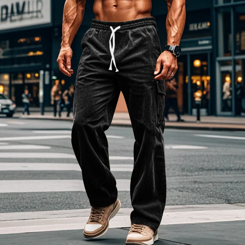Men Vintage Solid Color Drawstring Stitch Pockets Trousers Male 2024 Sweatpants Streetwear Autumn Loose Corduroy Cargo Pants 240821