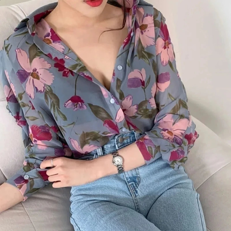 Womens warm thin printed shirt long sleeved polo neck summer loose floral top elegant and 240822