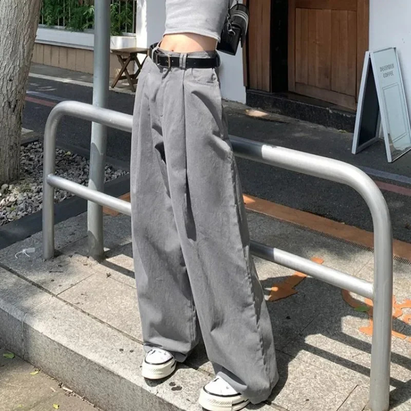 Deeptown Gray Vintage Suit Pants for Women Oversized Elegant Korean Fashion Slack Classic Trousers Office Ladies Palazzo Loose 240821