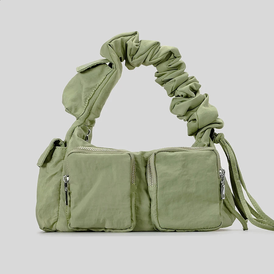 Casual Drawsting Strap Women Shoulder Bags Multiple Pockets Nylon Handbag Hobos Crossbody Bag Small Tote Shopper Purse 240821