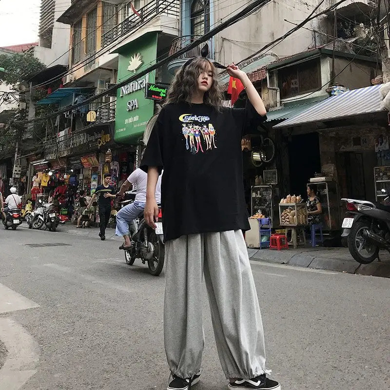 Deeptown Harajuku Oversized Sports Sweatpants Woman Jogging Baggy Wide Leg Pants Japan Korean Style Jogger Casual Gray Trousers 240822