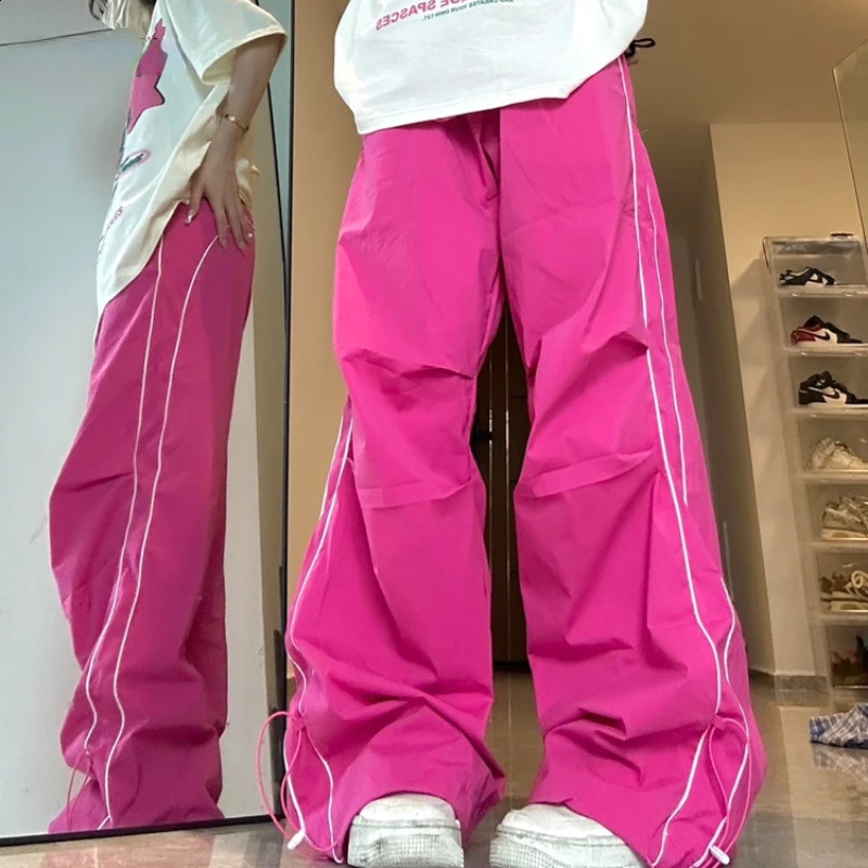 Pink Y2K Track Pants Women Harajuku Quick Dry Sports Trousers Streetwear Hip Hop Wide Leg Sweatpants Female Casual Oversized 240821