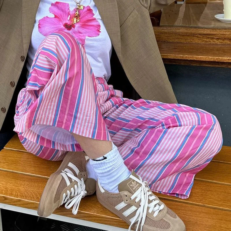 Rapcopter y2k Striped Pants Women Vintage Pink Shirring Streetwear Casual Trousers Harajuku England 90s Aesthetic Pants French 240821