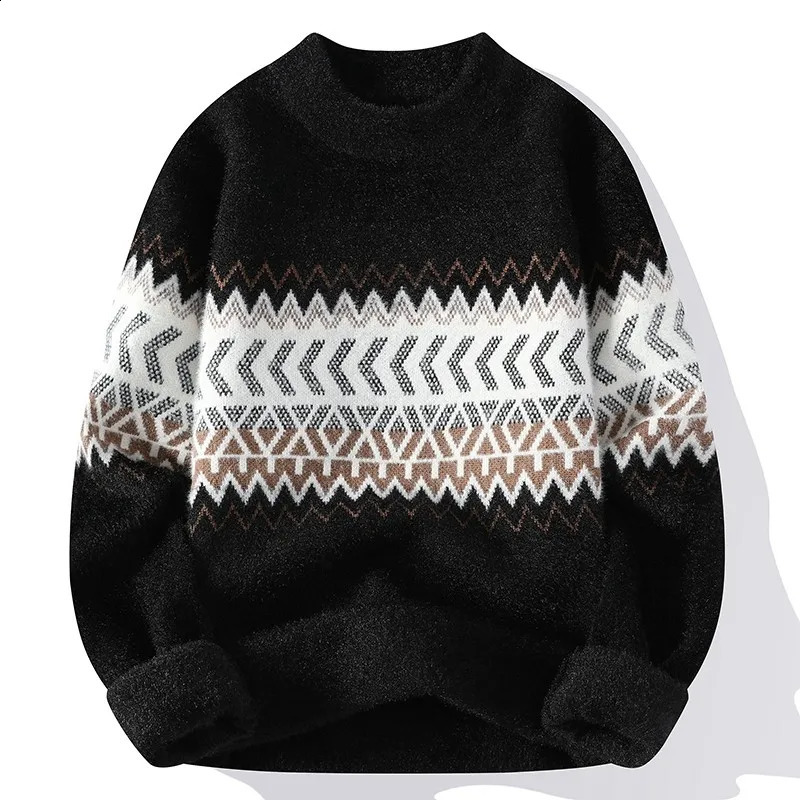 Classic Mens Knitted Pullover Sweater Retro Pattern O Neck Loose Fitting Autumn/winter Warm Casual Tops High Street Sweater 240821