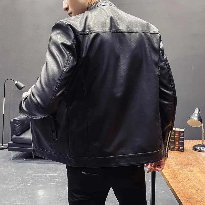 Men Leather Jacket Classic Slim Fit Motorcycle PU Leather Jacket Solid Color Standing Collar Men Large Black Leather Jacket 240822