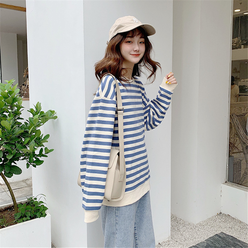 Autumn New Korean Student Striped Long Sleeve Hoodie Women's Round Neck Thin Loose and Slim BF Style Top dongdumaoyi