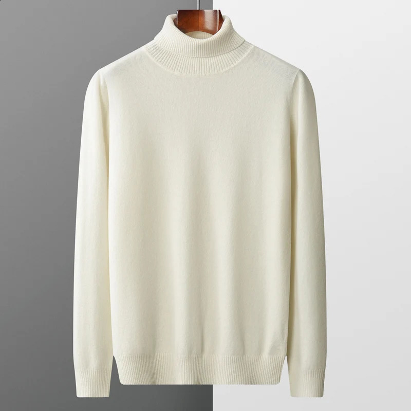 Autumn and winter 100% pure merino wool pullover mens turtleneck cashmere sweater thickened warm loose solid color top 240821