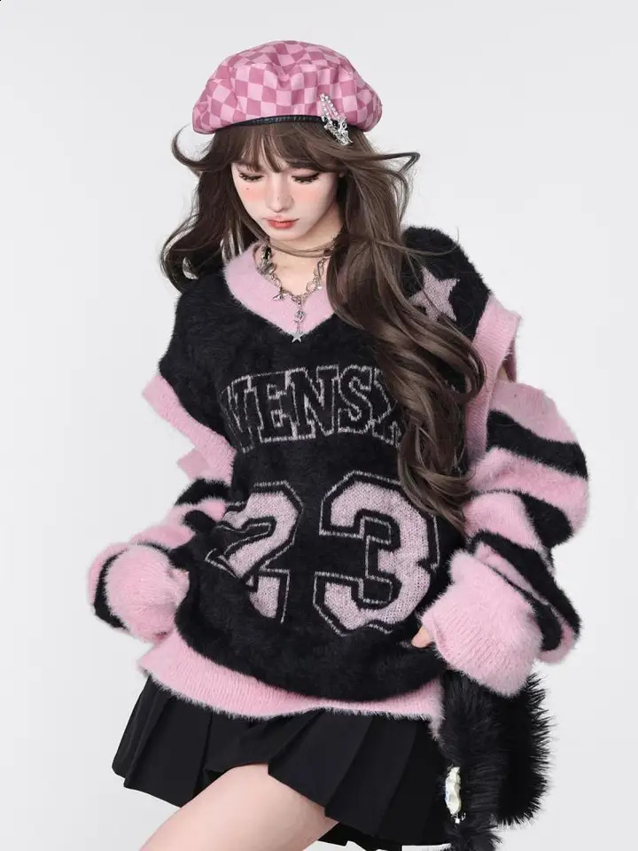 Sweet Cool Letter Peinr Vneck Black Pink Top Womens Y2k EGirl Hollow Long Sleeve Pulling Flower Medium length Loose Sweater Unprinted Good Product 240