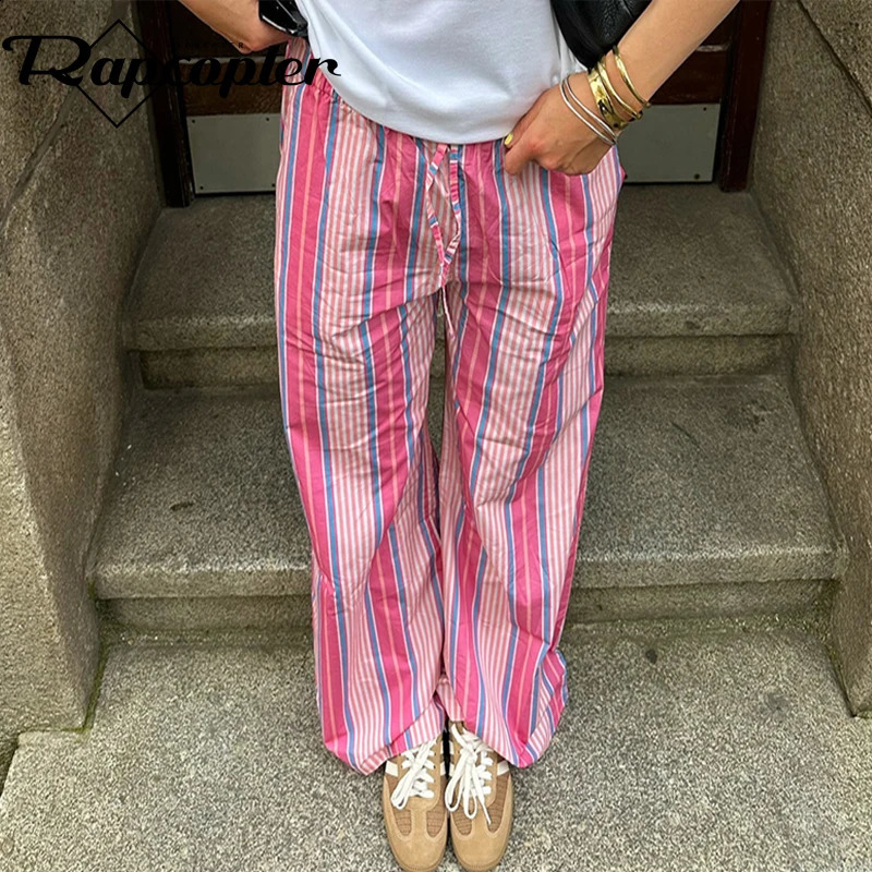 Rapcopter y2k Striped Pants Women Vintage Pink Shirring Streetwear Casual Trousers Harajuku England 90s Aesthetic Pants French 240821