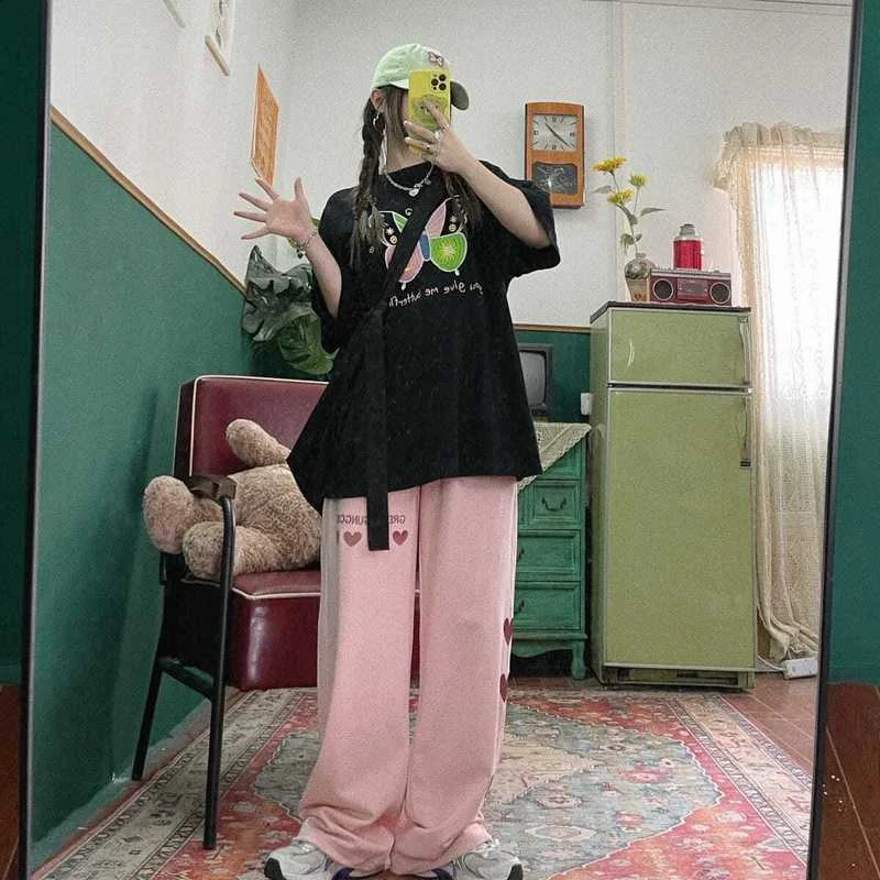 Womens Harajuku Heart Graphic Cute Loose Pants Japanese Kawaii Fairycore Casual Sweatpants Y2k Aesthetic Korean Fashion Cloth 240821