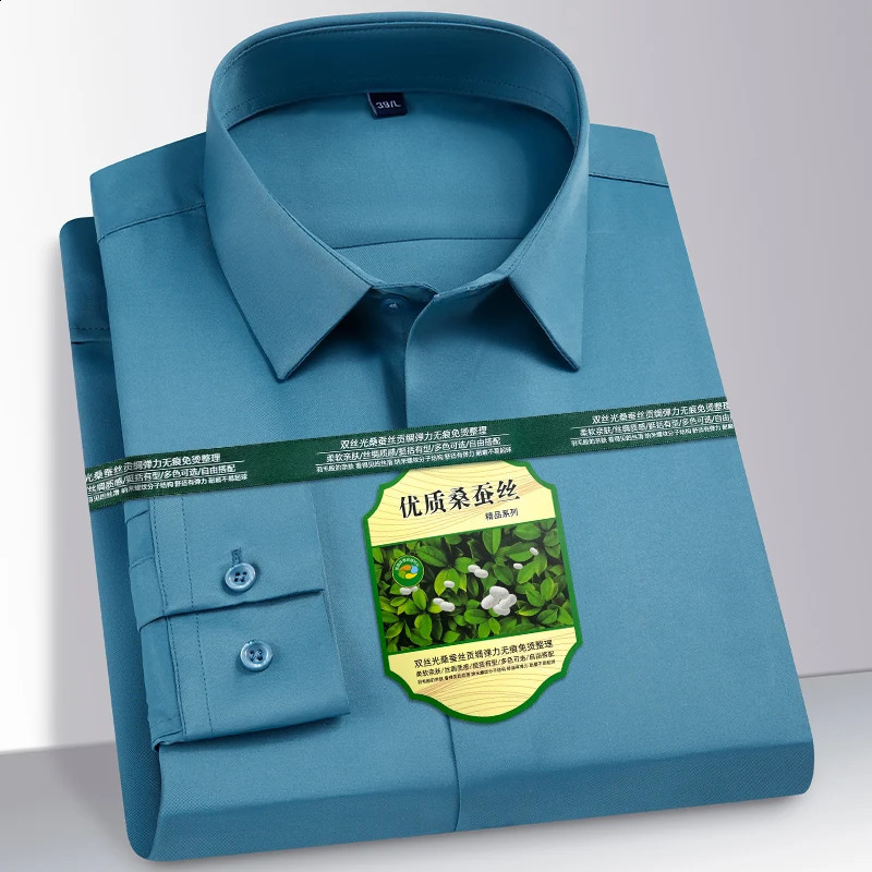 Mens shirts Mulberry silk Spandex Seamless non-ironing anti-wrinkle Silky Stripe Business Casual Long Sleeve Shirt Clothing 240822