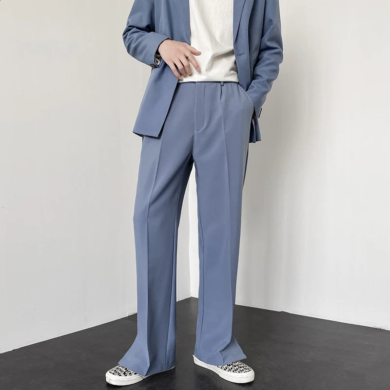 Men Straight Casual Pants Summer Korean Style Baggy Personality Slit Wide Leg Blazer Pants Trousers Male Streetwear 240822
