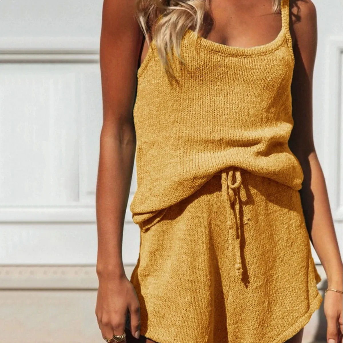 shortstyle suit sexy suspenders trouser womens knitted summer vest top 2 piece 240819