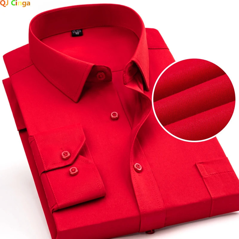 Bright Red Long-sleeved Shirt Mens Single-breasted Square Collar Shirts Business / Wedding / Party Casual Shirt Blue White 6XL 240822