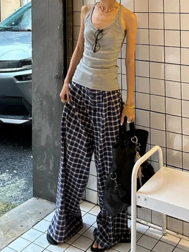 HOUZHOU Y2k Vintage Baggy Plaid Pants Woman Oversized Korean Fashion Harajuku Japanese Style Streetwear Gyaru Check Trousers 240821