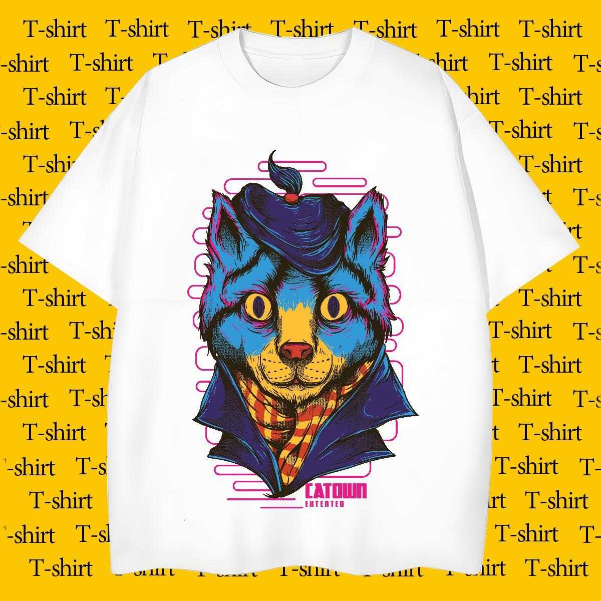 Comfortable Men Tops Tees Daily Outfit 230g Cotton White Plus Size Short Sleeve Soft Blue cat T Shirts Men 2024 Summer Clothes
