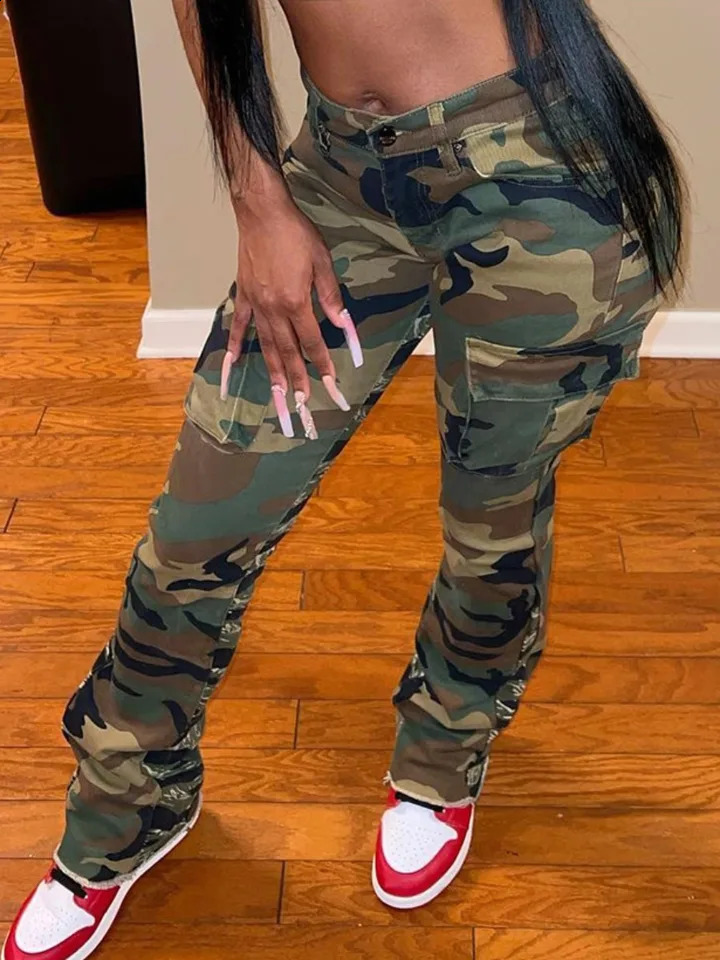 LW High Waist Camo Multicolor Cargo Pants Street Casual Side Pocket Camouflage Women Spring Streetwears Straight Lady Trousers 240821