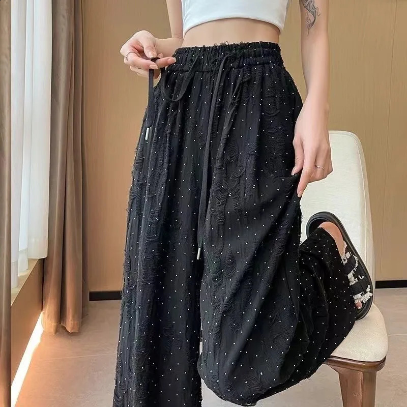 Y2k Streetwear Diamonds Wide-legged Pants Grunge Hole Women Clothing High Waisted Baggy Straight Pants n Chic Trouser 240821