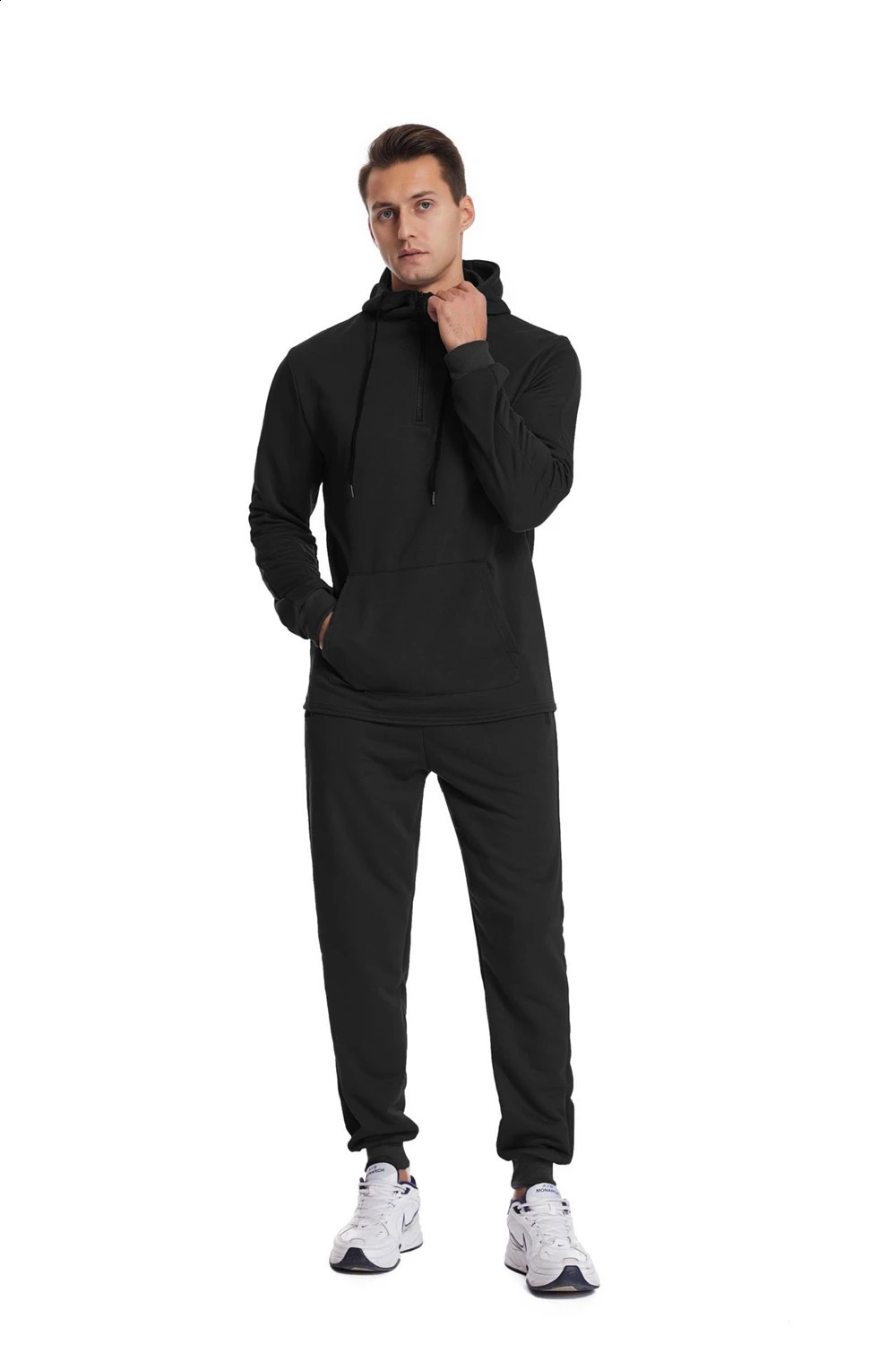 Mens sports training set gym fitness sportswear zipper jogging gray and black mens 240822