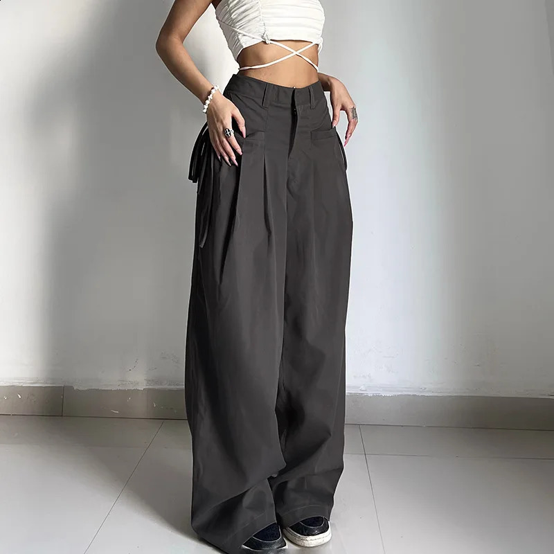 Grey Cargo Korean Fashion Lace Up Pocket Low Rise Casual Pants Women Streetwear Sweatpants Y2k Aesthetic Trousers 240821
