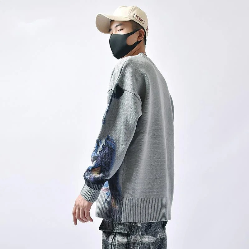 Hip Hop Sweater Mens Autumn Couple Knitted Jumper Anime Beijing Opera House Printing Retro Pulleys Harajuku Grey 240821