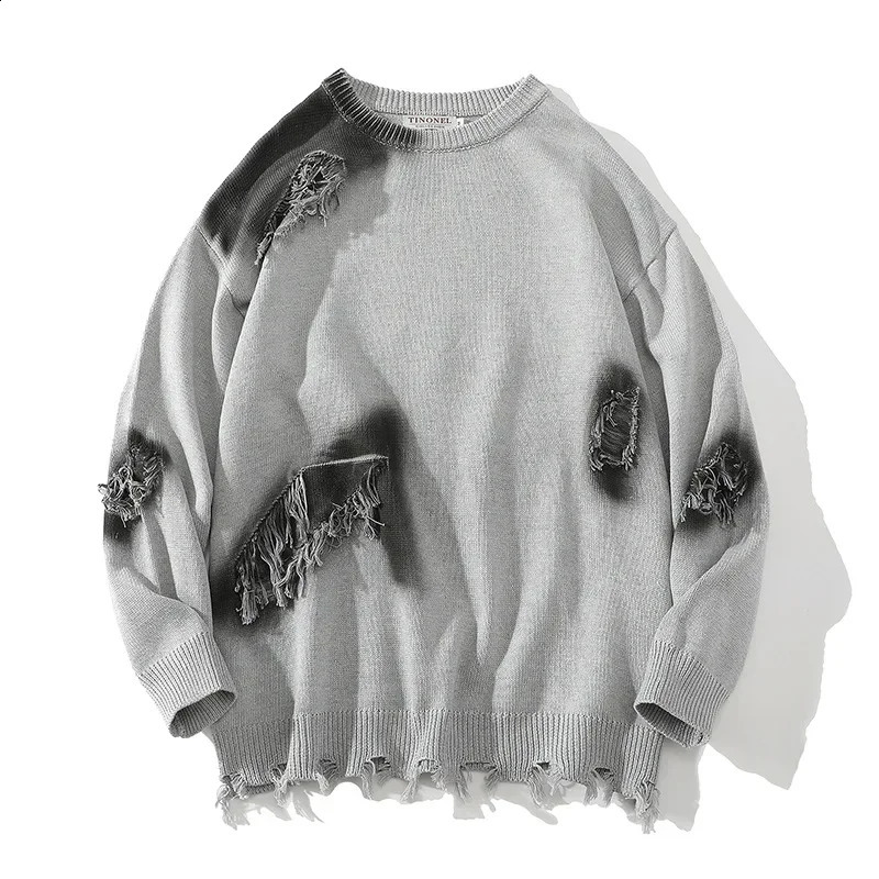 Autumn White Bottom Tie Dyed Tassel Broken Hole American Street Knitted Sweater for Men 240821