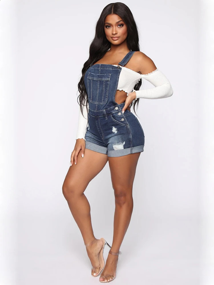 Summer Women Shorts Overalls Ripped Jeans Lady Sexy Stretch Rompers Denim Pants Lady Cross Strap Jumpsuit Casual Bodysuits 240821