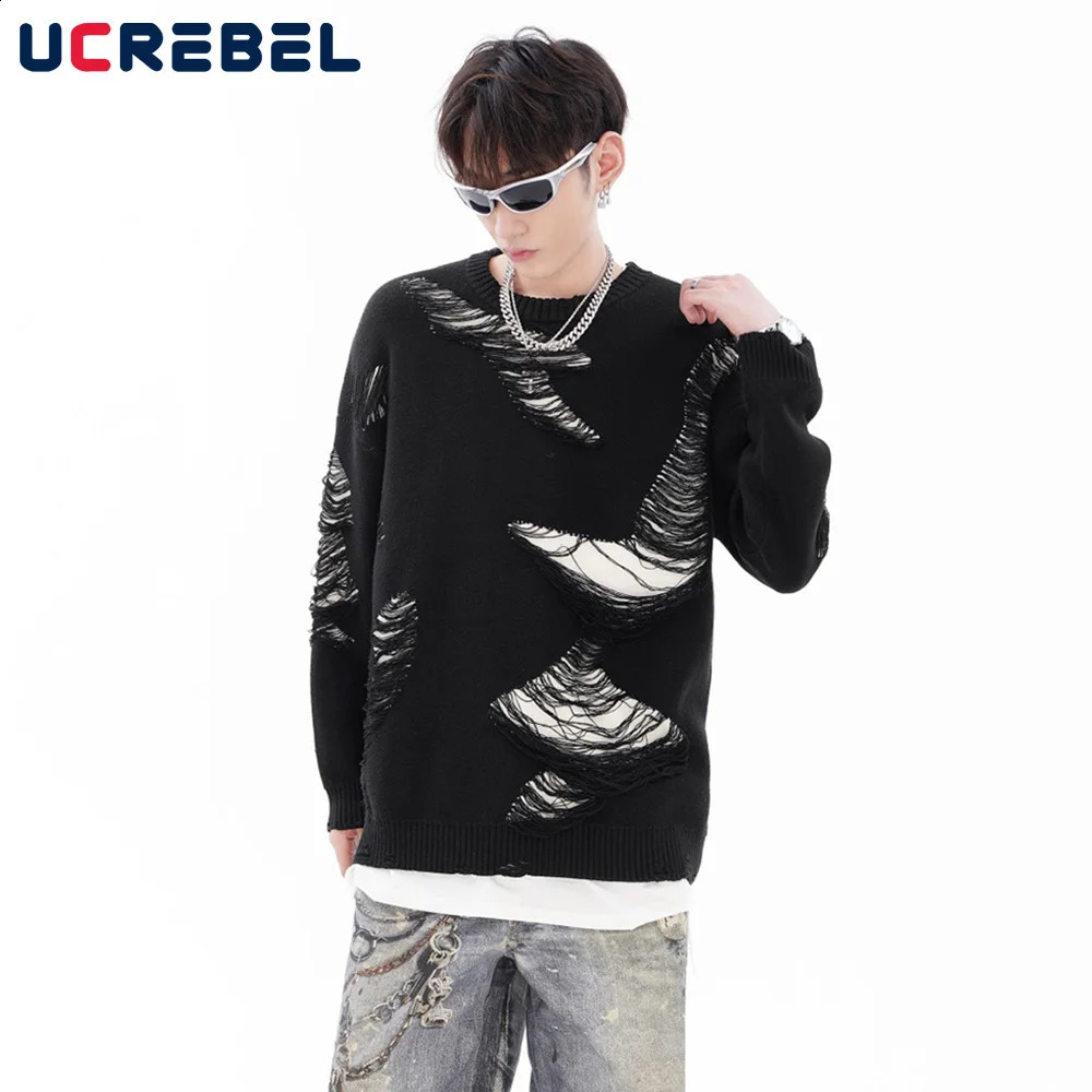 Splicing and tearing sweater for men autumn winter street workers loose collar long sleeved knitted floral mens clothing 240821