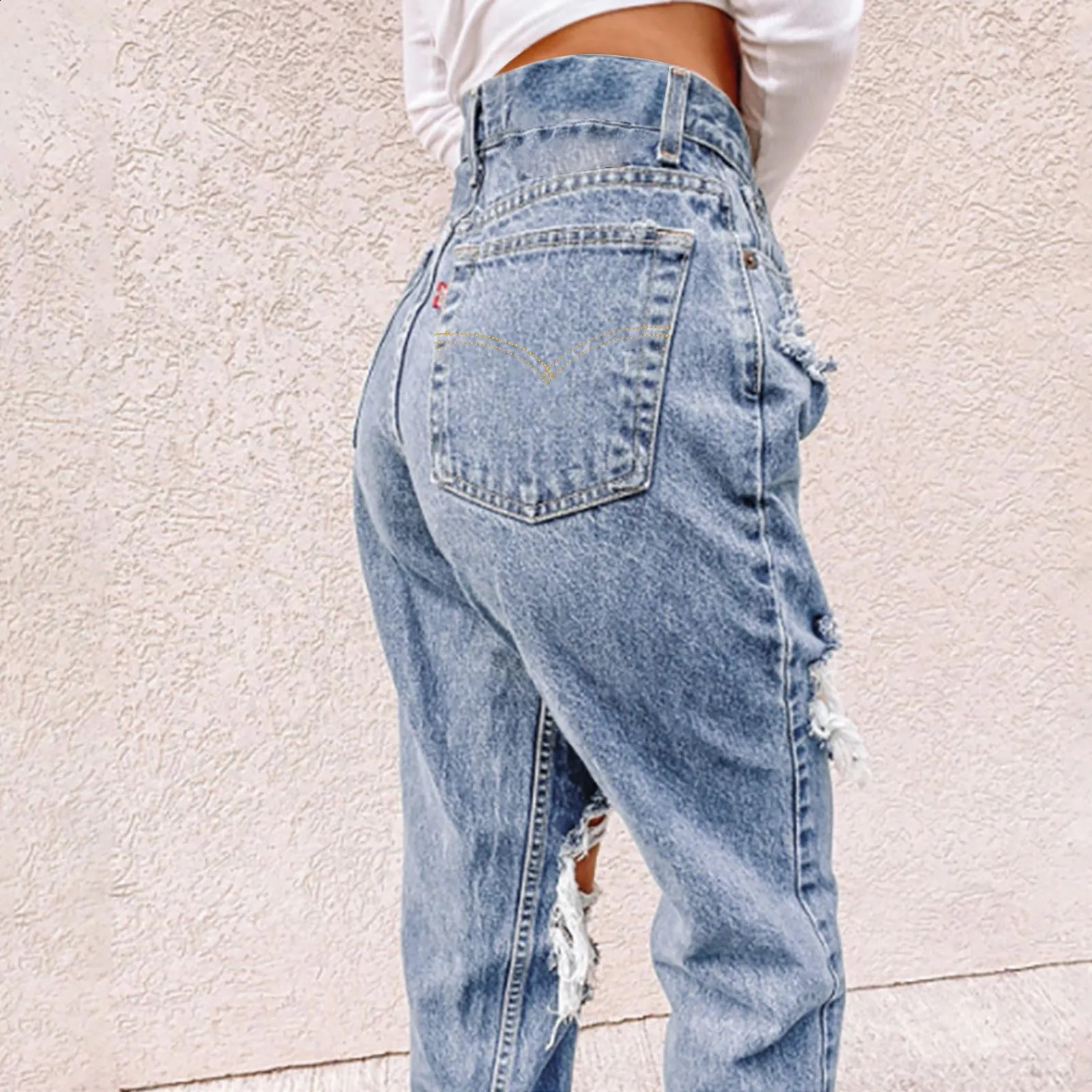 Dance Pants Large Denim Jeans Fashion Elastic Women Pocket High Baggy Waisted Ripped Jeans Workout Pants Ropa De Mujer 240821