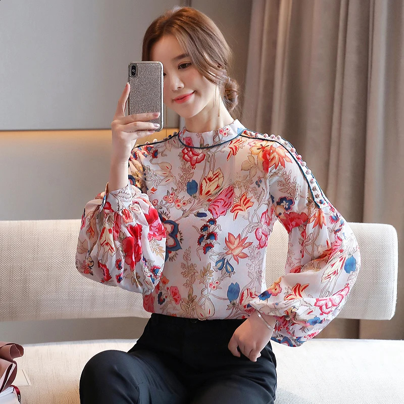 Long sleeved womens shirt Blusas Mujer De Moda printed chiffon top Blusa D419 240822