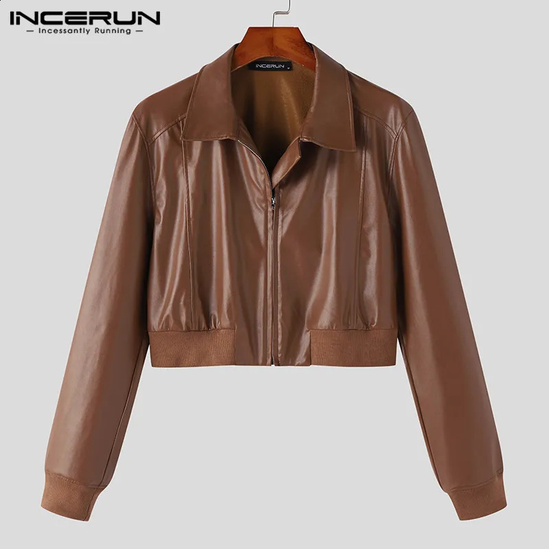 Fashion Men Jackets PU Leather Solid Lapel Long Sleeve Autumn Crop Coats Men Streetwear Zipper Casual Outerwear INCERUN 240821