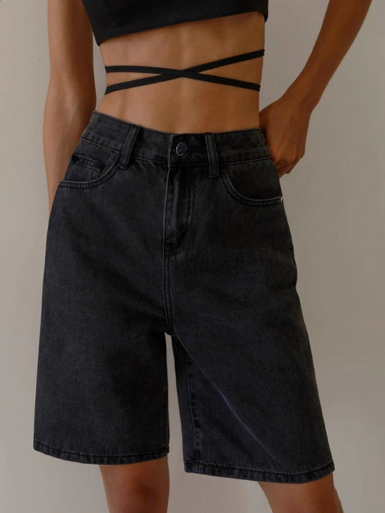Womens Denim Shorts Summer High Waist Casual Black Shorts Pocket Fashion Vintage High Street Loose Oversize Wide Leg Pants 240821