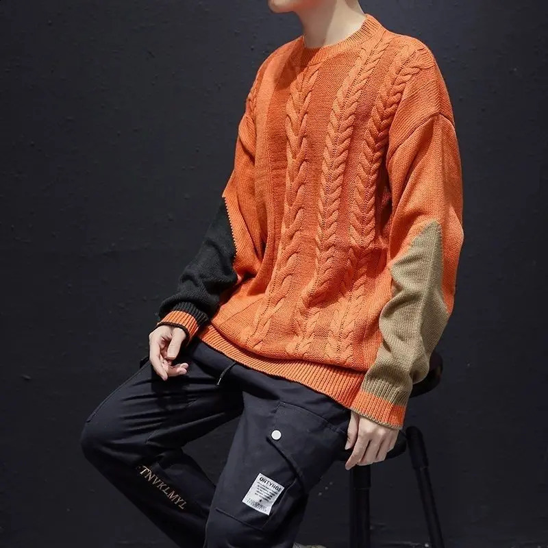 Port Wind Literature and Art Color Block Crew Neck Mens Clothing Twisted Flower Stay Warm Casual Autumn Winter Sweaters 240821
