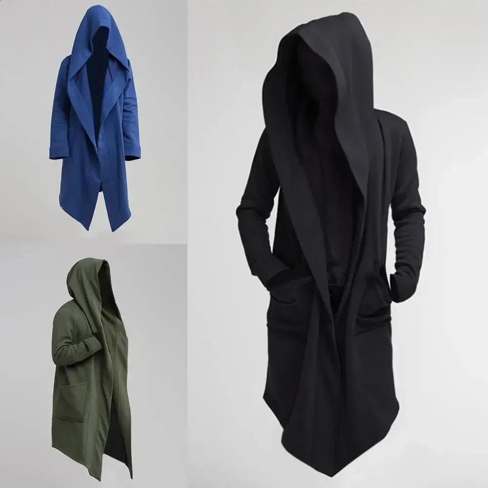 Autumn Winter Thicken Warm Trench Coat Men Solid Casual Loose Hooded Long Jackets Leisure Warm Fleece Male Thick Cardigan 240822