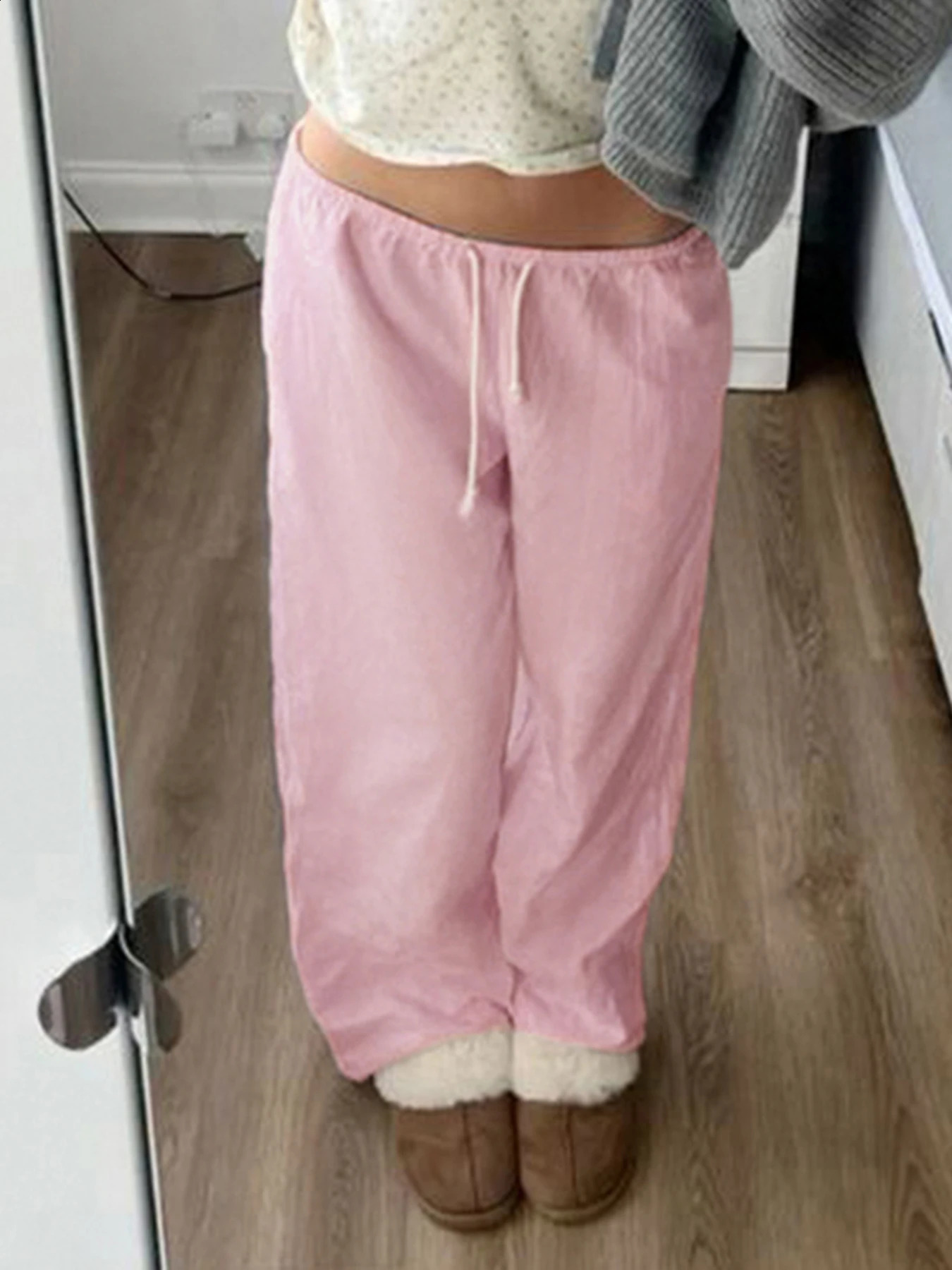 Sweetown Pink Solid Loose Casual Woven Straight Leg Pants Women Drawstring Low Waist Y2K Baggy Jogging Trousers 240821