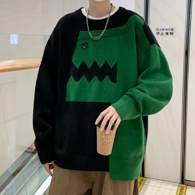 Autumn Winter Mens Knitted Sweater Cartoon Dinosaur Pullovers Oversized Jumpers Women Hip Hop Knitwear Vintage Sweaters E111 240821