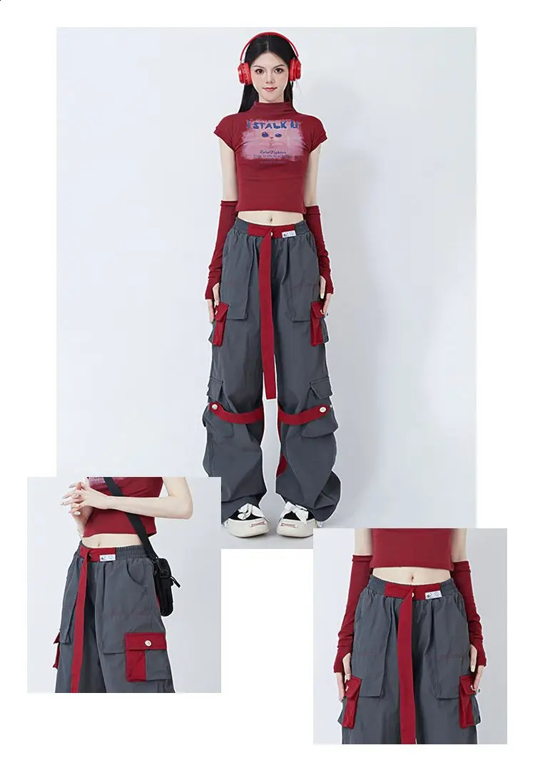 High Street Hip Hop Women Pants High Waist Color Block Overalls Wide-leg Casual Straight-leg Pants Y2k American Retro Streetwear 240821
