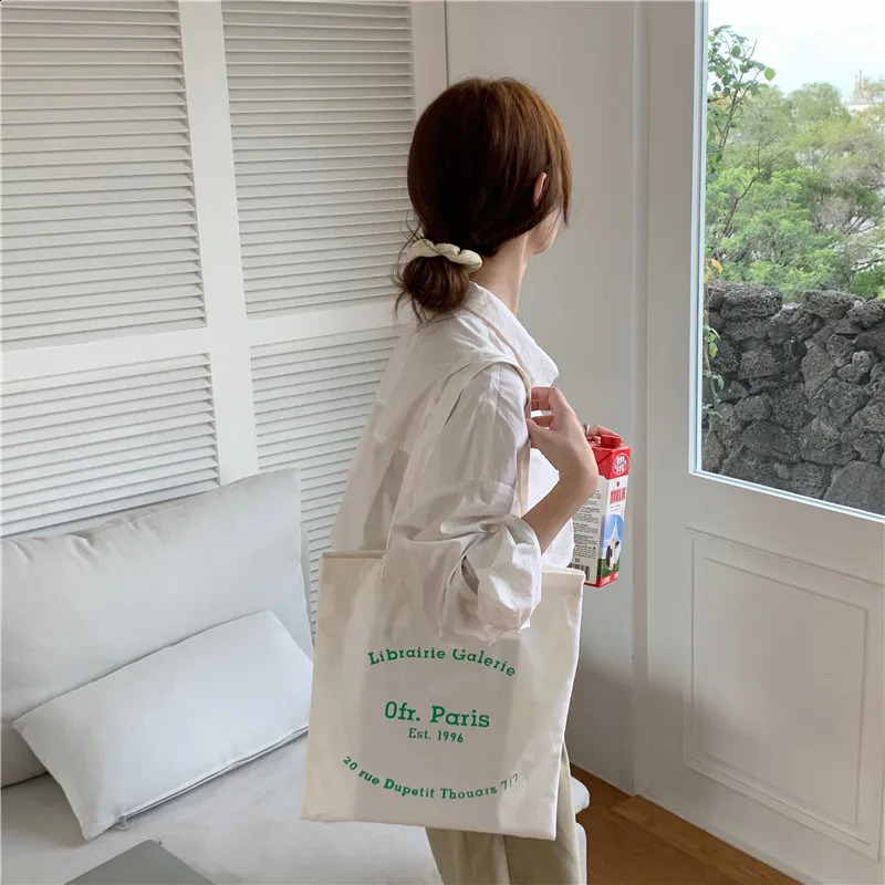 Women Canvas Shoulder Bag Paris Letter Print Ladies Casual Handbag Tote Bag Reusable Large Capacity Cotton Shopping Beach Bag 240821