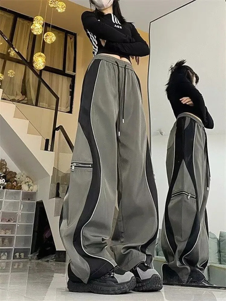 Y2K Line n Pant Women Drawstring Pockets Wide Leg Chic Punk Pants Baggy Striped Sports Sweatpants Parachute Jogger Trousers 240821