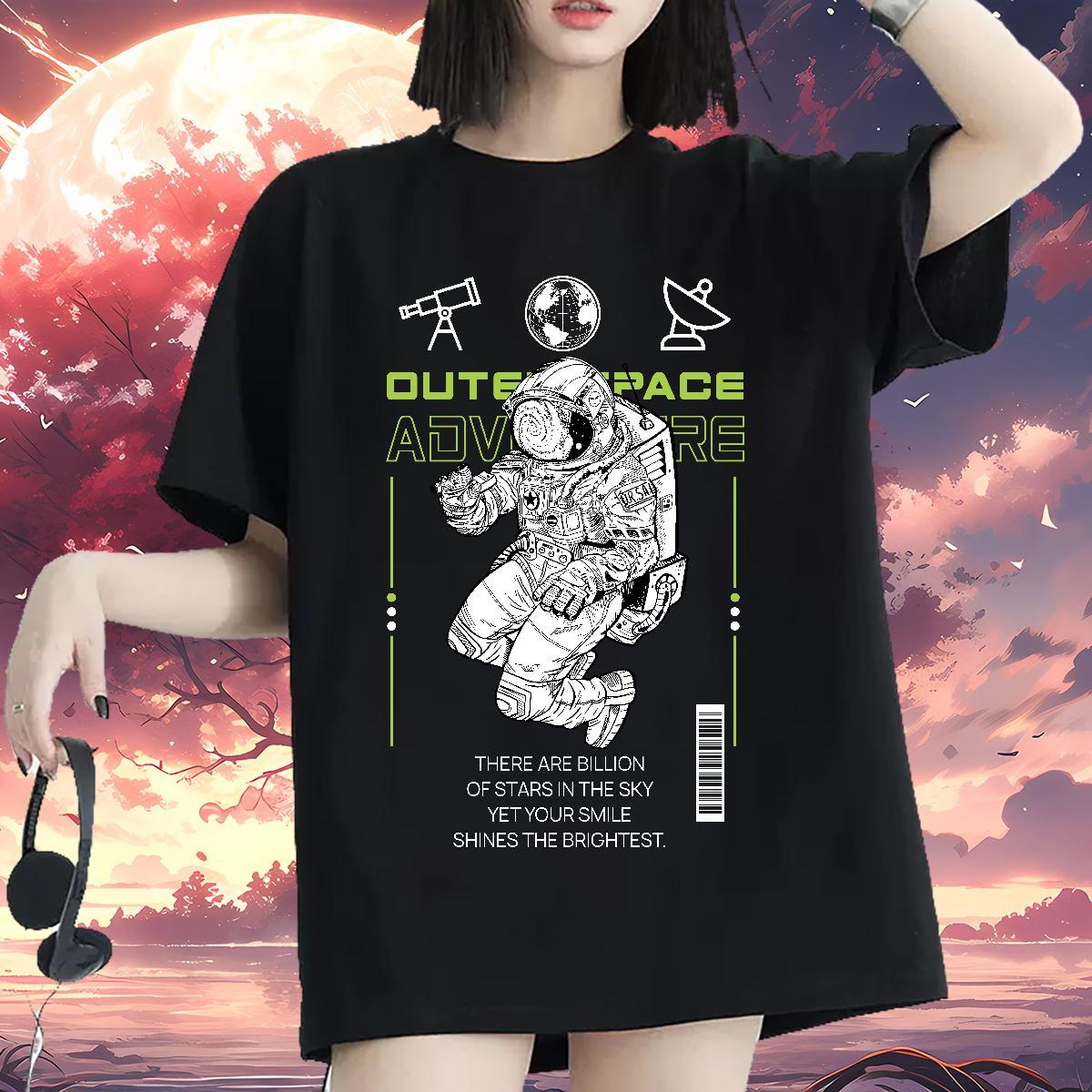Soft Couples T Shirts 230g Pure Cotton cosmonaut High Street Hip Hop T Shirt For Woman Crew Neck Breathable Oversized L-4XL Tops Tees