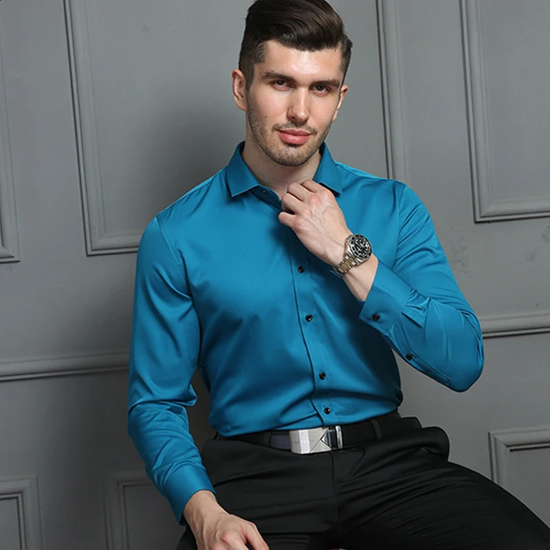 Mens Long-sleeved Business Casual Shirt Solid Color Slim Non Iron White Black Blue Formal Dress Shirts Easy Care 240822