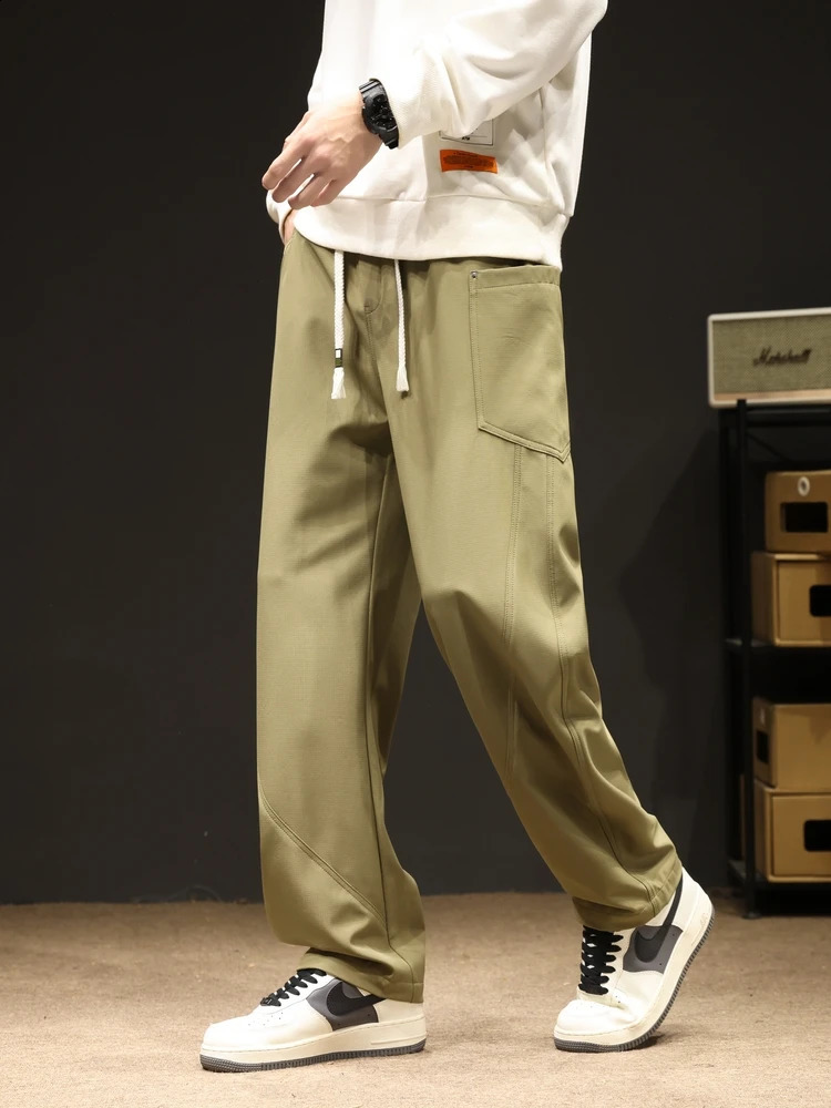 Spring/Autumn Mens Sports Pants with Multiple Pockets Wide Legs Casual Freight Pants String with Loose Straight Pants 240828