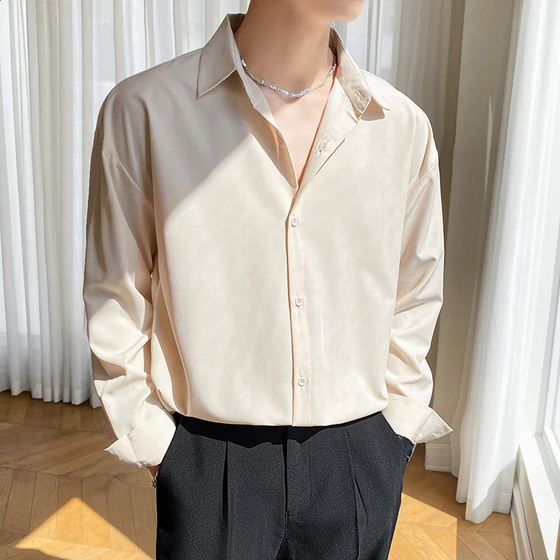 Autumn Mens Long Sleeve Shirts Fashion Korean Baggy No-iron Business Casual Elasticity Lapel Collar Shirt White Light Blue 240822