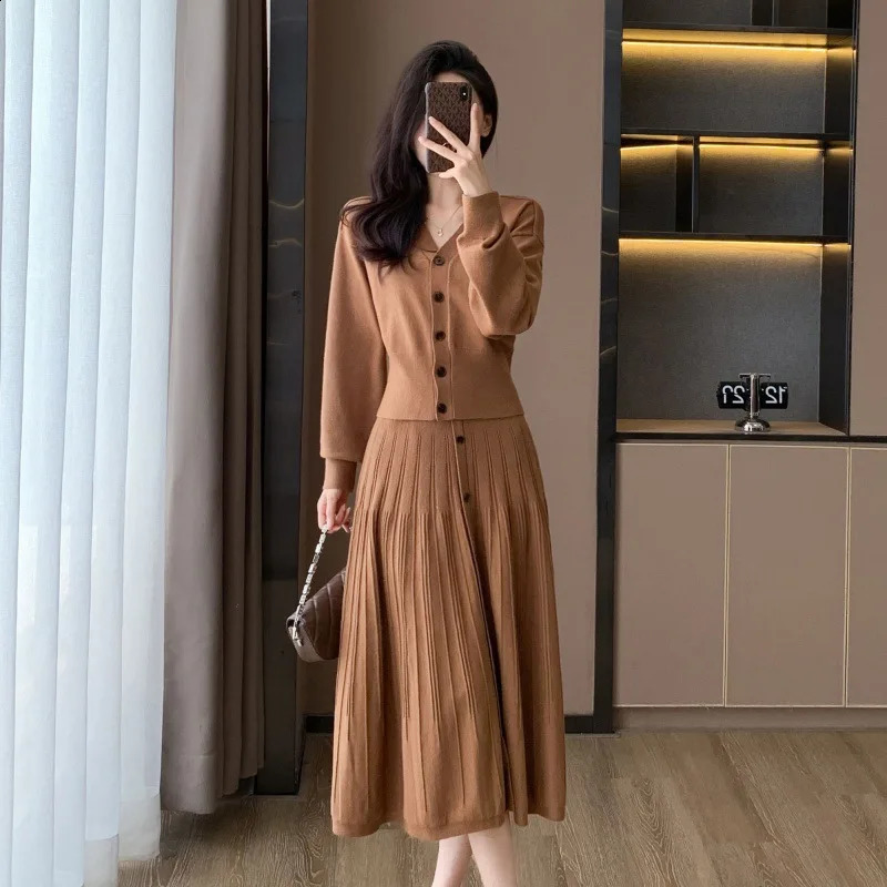 ZJYT autumn and winter knitted dress set twopiece womens fashion long sleeved Vneck cardigan sweater tight fitting black 240821