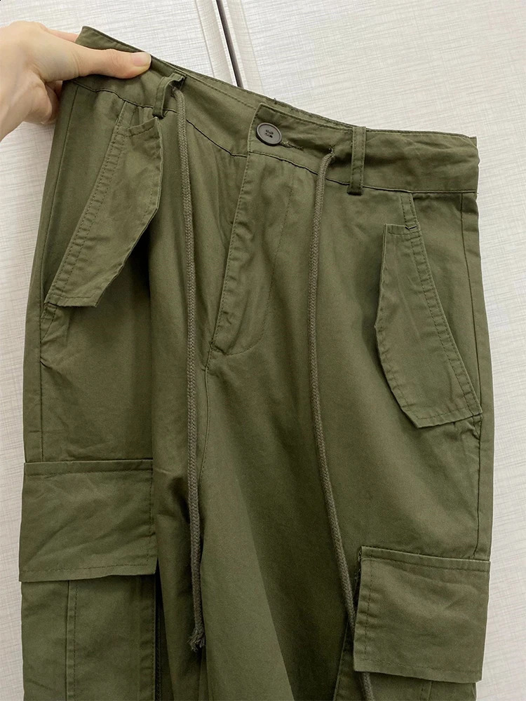 Womens green cargo pants bag casual Y2k street clothing jogging 90s retro Harajuku straight three person 240821